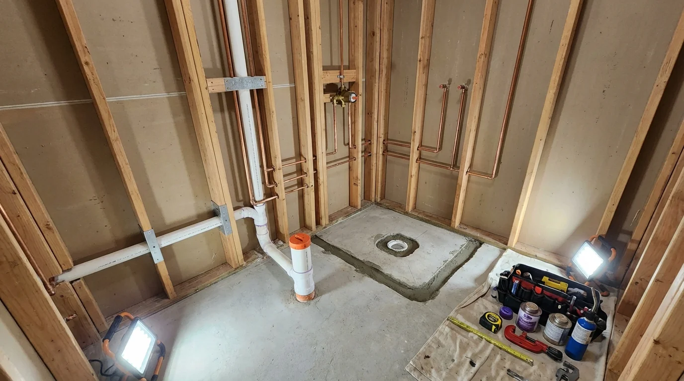 Bathroom rough-in plumbing during remodel by Johns Plumbing LLC in Morgantown