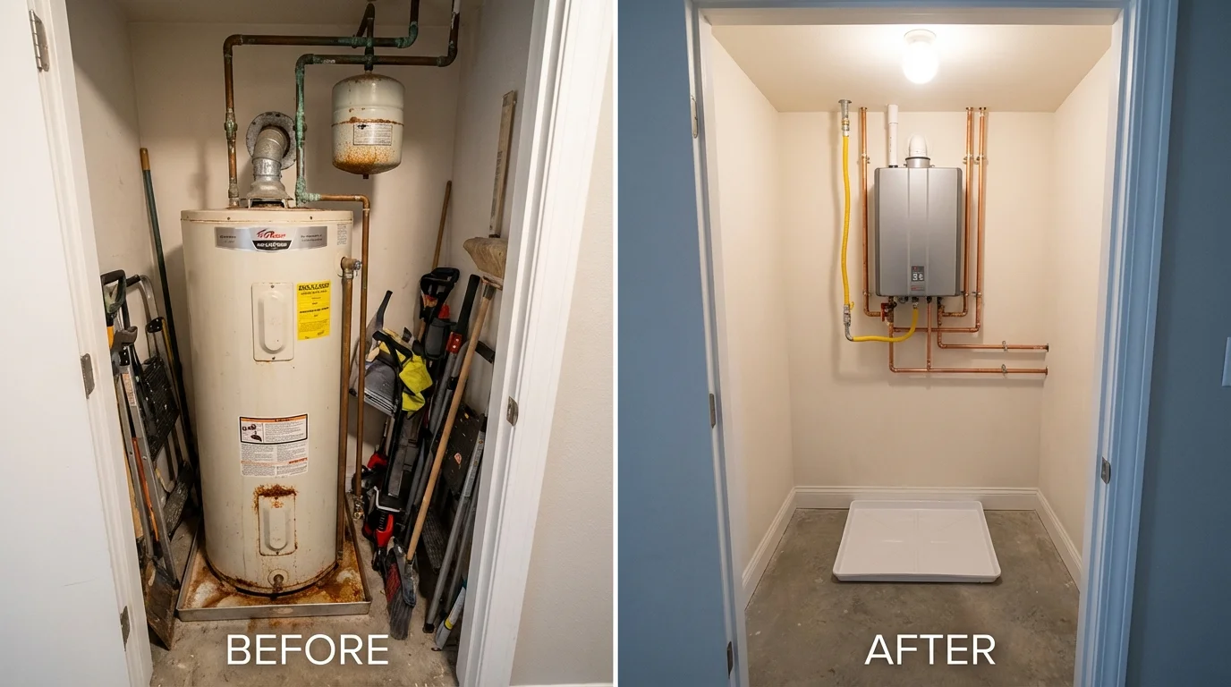 Tank water heater versus wall-mounted tankless unit comparison for Morgantown, KY homeowners