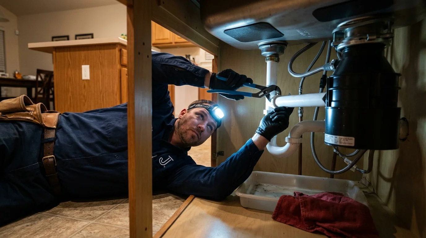 P-trap and supply line connections under a kitchen sink showing a common leak point in Morgantown, KY